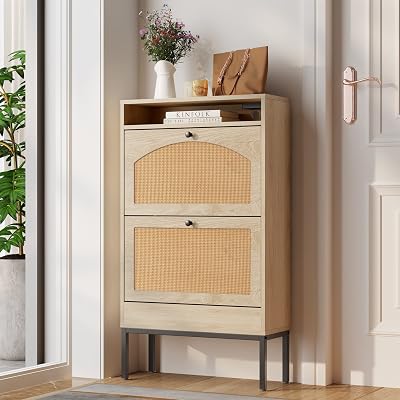 Wanttii Shoe Cabinet, Shoe Storage Cabinet with 2 Flip Drawers, Slim Shoe Storage Rack with Charging Station for Entryway, Hallway, Living Room Natural