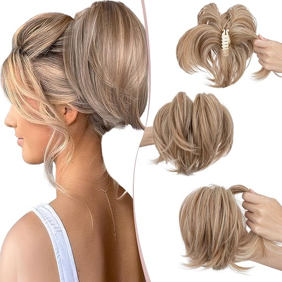 Claw Clip Short Ponytail Hair Extensions Messy Bun Hair Piece Pony Tails Hair Extensions with Bendable Metal Wire Hair Pieces DIY Style 8 Inch 27H613 Dirty Blonde & Light blonde