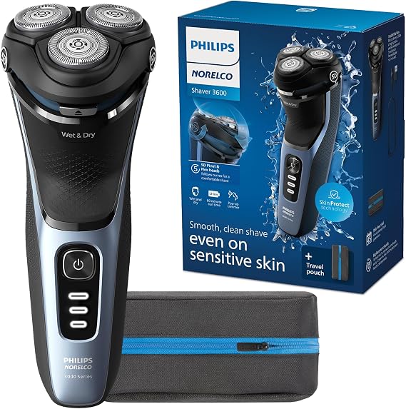 Philips Norelco 3600 Electric Shaver, Storm Blue | 27 Self Sharpening ComfortCut Blades, 5D Pivot & Flex Heads, Wet or Dry Use, Includes Travel Pouch, S3243/91
