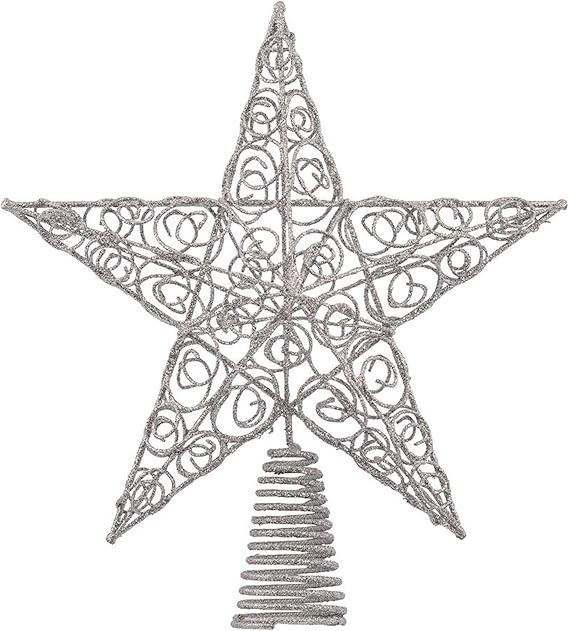 Silver Star Christmas Tree Topper - Glitter Swirl Sparkly Holiday Decor 12"