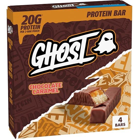Ghost Chocolate Caramel Protein Bar, 20g Protein, 2g Sugar, 4 ct, 9.2 oz | 270 Calories per Dual-Bar Pack, Smooth Caramel & Crisp Cookie Layers, Rich Chocolatey Coating, Post-Workout Ready
