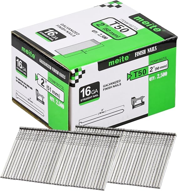 meite 16 Gauge Finish Nails 2 Inch Galvanized Straight T-Nails 2,500 PCS