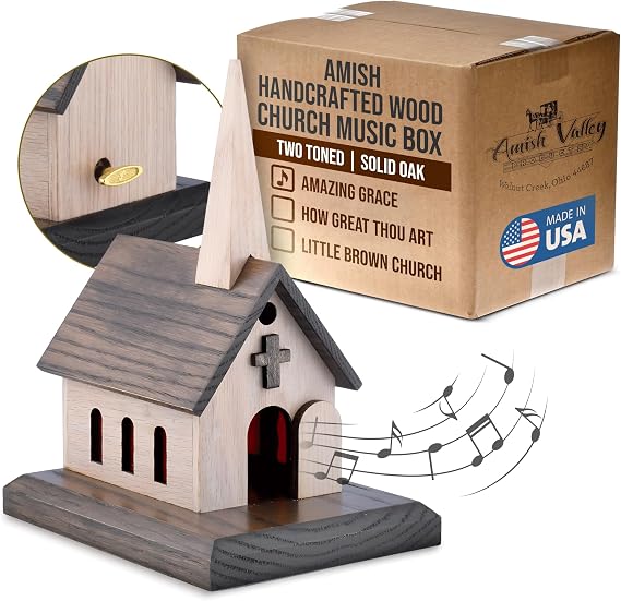 Amish Handcrafted Wood Church Music Box Solid Oak, Amazing Grace, How Great Thou Art, Little Brown Church (Two-Toned Wood, Amazing Grace)