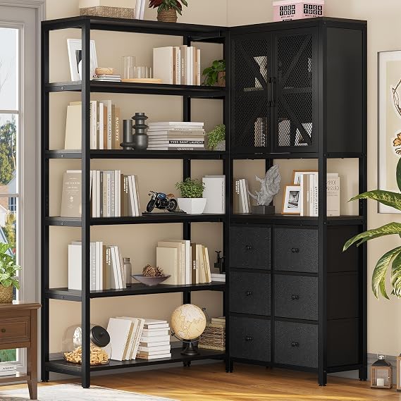 HAUOMS Corner Bookshelf, 6 Tier Convertible Bookshelf with 6 Drawers, Black