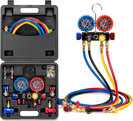 VIVOHOME 4 Way HVAC Gauges with R134a R1234yf Quick Couplers and Can Taps | Automotive Residential AC Manifold Gauge Set for R134a R410a R32 R1234yf R22 Refrigerant, Car Freon Charging and Evacuation
