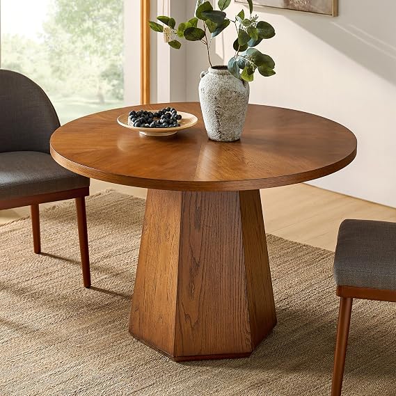 HULALA HOME Mid-Century Modern Dining Table, Round Solid Wood Kitchen & Dining Room Tables, Acorn