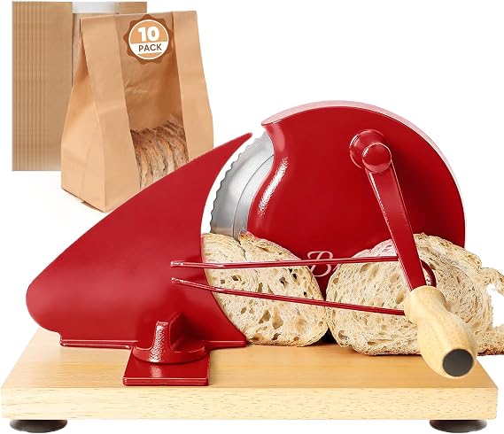 Brvclon Manual Bread Slicer for Homemade Sourdough,Adjustable Thickness,Hand Crank Bread Slicer with Stainless Steel Blade, Aluminum Alloy Frame & Solid Wood Base, with 10 Bread Bags