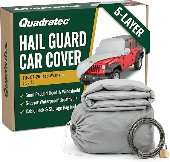 Quadratec Hail Guard 5-Layer Car Cover - Fits Jeep Wrangler JK & JL 2007-2023 - Jeep Cover Jeep Wrangler Cover Jeep Wrangler Rain Cover Jeep Rain Cover - Includes Storage Bag - Quick-Dry Fabric