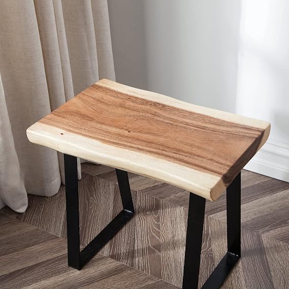 Greenage Natural Wood Rectangle Bench 20"x14"x18" Coffee Side Table with Metal Legs Bedroom, Rustic Solid Real Wood Live Edge Tables for Living Room, Sturdy Hand Made End Table Easy to Assemble