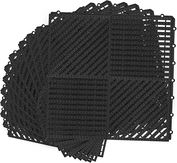 MYFAMIREA Modular Interlocking Cushion 12 Pack 11.8" x 11.8" Rubber Floor Tiles Non-Slip Splicing Drainage Mats for Deck, Pool, Shower, Patio, Balcony, Bathroom, Kitchen, Yard (1 Rows Dots, Black)