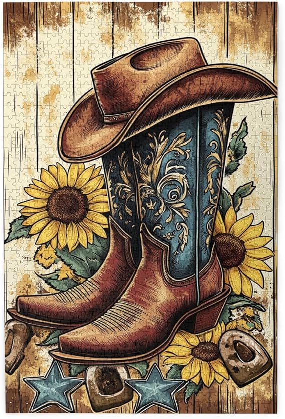 Puzzles for Adults 1000 Pieces, Sunflowers, Boots and Hats, Cowboy-Themed Illustrations, Party Brainstorming, give Your own Relaxation, Exercise Hands-on Skills, Think Outside The Box