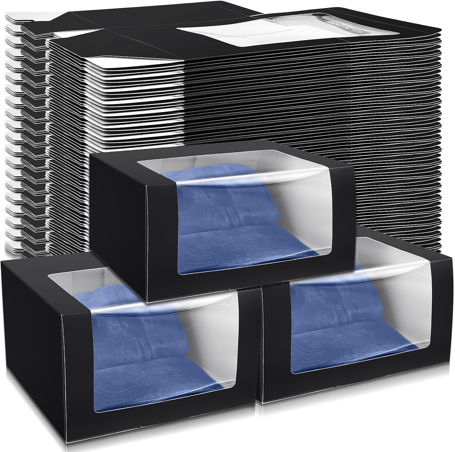 50 Pcs Gift Boxes with Window Display Clear for Baseball Cap Paper Fold Hat Organizer Storage Display Case Black
