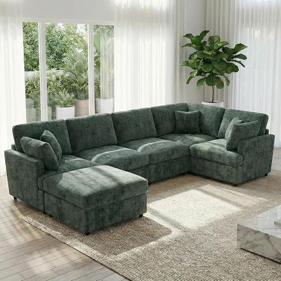 Oversized Modular Sectional Sofa Deep Seat 6-Seater Fluffy Chenille Fabric Convertible U Shaped Corner Couch with Ottoman, 2 Pillows Sectional Couch for Living Room, Apartment, Office, Green