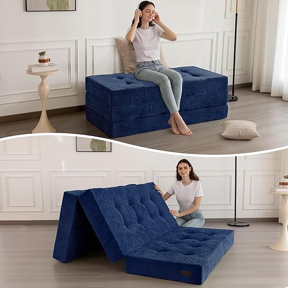 MAXYOYO 6" Folding Sofa Bed for Floor, Tufted Tri-Fold Floor Mattress with Chenille Fabric, Twin Size Portable Sofa Couch Guest Mat for Adults, Foldable Topper for Camping, Navy, 35.4"x75"