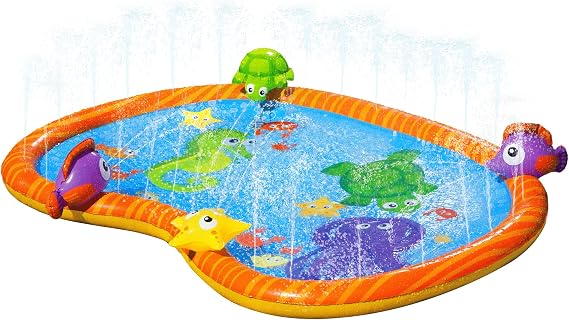 BANZAI Splash Pad Toddler Water Play Mat, 58 in Outdoor Kids Sprinkler Mat with 3D Sea Characters, Baby Splash Pad for Backyard Summer Fun