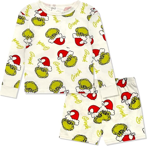 The Grinch Pajamas Girls 2-Piece Matching Set - Kids Soft Christmas PJs Loungewear - Long Sleeve & Shorts - Official Product