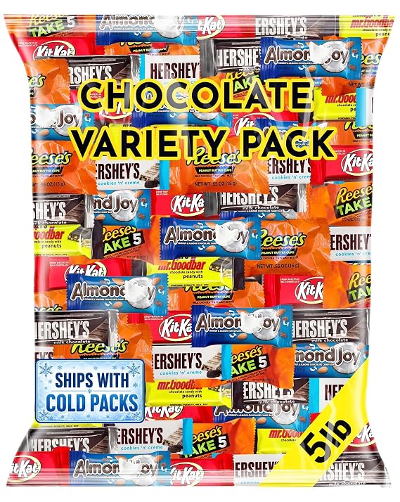 Chocolate Candy Variety Pack, 5 Pounds, Approximately 250 Pieces, Individually Wrapped Mini Candy Bars, Bulk Assorted Mix for Office Candy Jars, Party Favors, Classroom Rewards