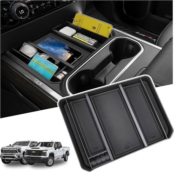 Center Console Organizer Compatible with 2024-2026 Chevy Silverado 2500 HD/3500 HD Interior Accessories, Armrest Storage Box with Coin Slot(Only Fit Full Console with Bucket Seat)