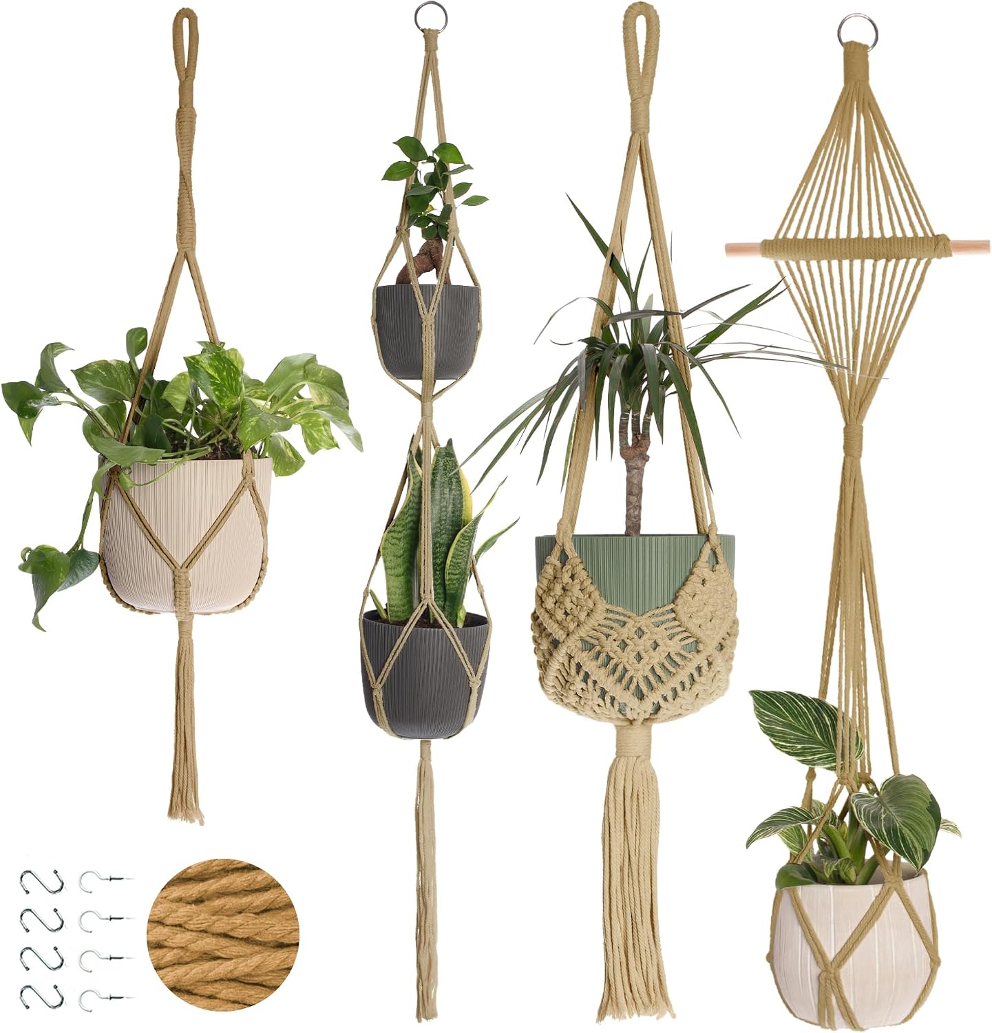 Nook Theory 4-Pack Macrame Plant Hangers with 8 Hooks - Hanging Planters for Indoor Plants, Boho Macrame Hangers Indoor Outdoor, Decorative Plant Hanger Indoor (Black)