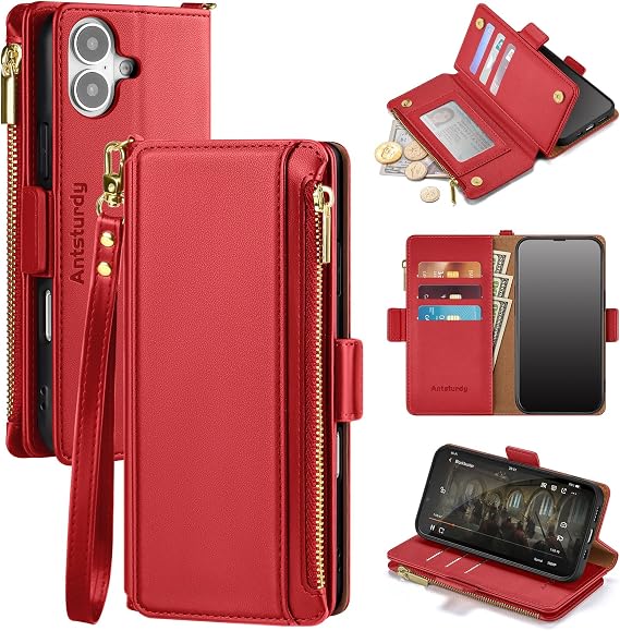 Antsturdy for iPhone 17 Phone Wallet Case Women,Red