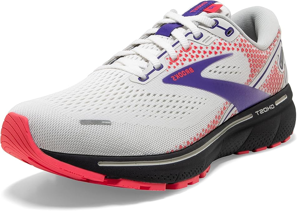 Brooks Ghost 14 Women's Neutral Running Shoe - White/Purple/Coral - 8