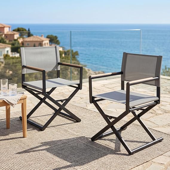 Grand patio Extra-Wide Folding Directors Chairs Set of 2, Outdoor Dining | 2-pack outdoor folding dining chairs with sling seats and woodgrain armrests, extra-wide directors chairs for patio, gray.