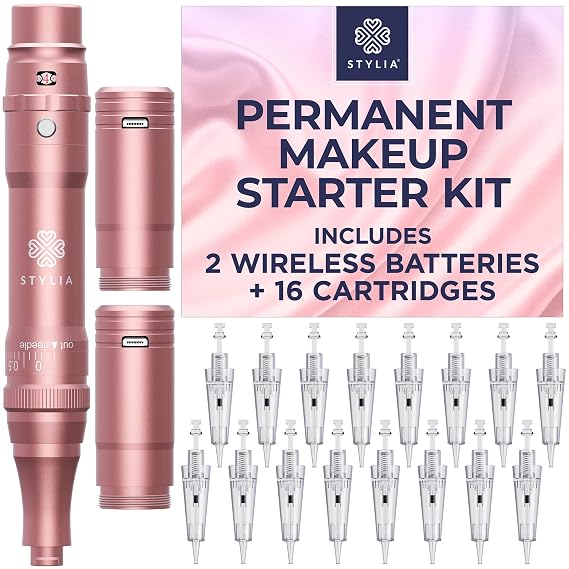 Stylia Permanent Makeup Machine Set Wireless Machine Kit with 2 Rechargeable Lithium Batteries, Power Adaptor and 16 Cartridges Microblading Supplies, Low-Noise, High-Speed Motor