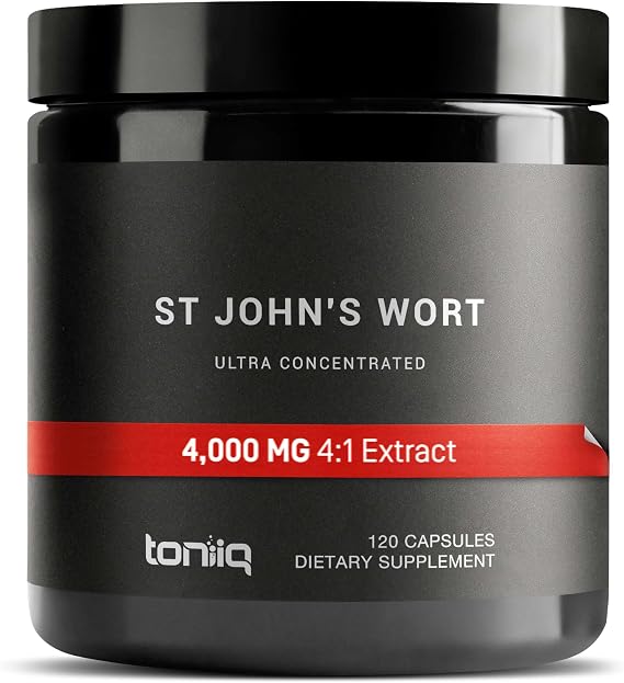 Toniiq 1,000mg Ultra High Strength St. John's Wort Capsules (Non-GMO) - 4X Concentrated Extract - 0.3% Hypericin - Highly Purified and Bioavailable - 120 Capsules