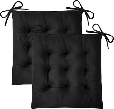 Kitchen Chair Cushions Set of 2 Tufted Square Seat Cushions with Ties Plush Chair Pad for Kitchen Dining Room Office(15.5"x15.5" Black)