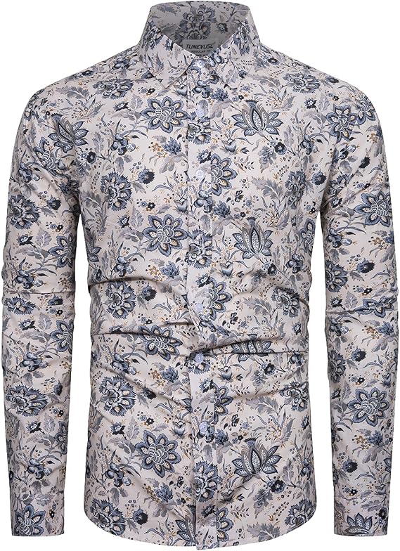 TUNEVUSE Men Floral Dress Shirt, Long Sleeve Button Down Patterned Cotton