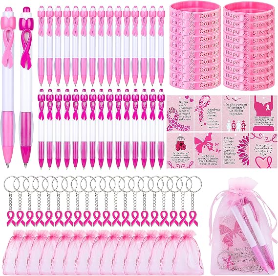 clothmile 160 Pcs Breast Cancer Awareness Gifts Include 30 Pink Ribbon Retractable Pens 30 Pink Silicone Bracelets 30 Ribbon Keychains 40 Cancer Awareness Card for Girls Women Party