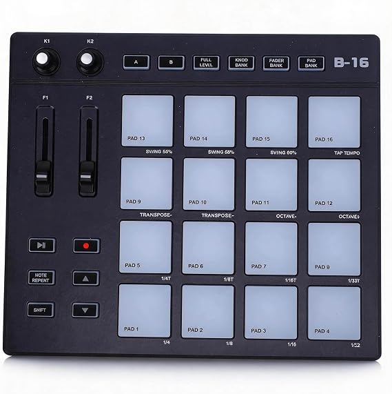 Beat Maker Machine, Drum Machine, MIDI Controller with 16 Drum Pads 2 Assignable Fader Knobs for Beginner Music Production, Black
