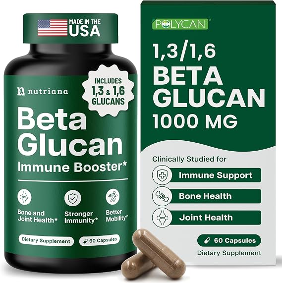 Nutriana Beta Glucan Supplements 1000mg 1,3/1,6D Beta Glucan Capsules for Immune Support Natural Beta Glucans Fiber Supplement 60 Veggie Capsules (60 Count, Unflavored)
