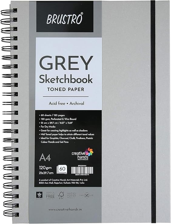 BRUSTRO Toned Paper - Grey Sketchbook | A4, 120 GSM | 60 Sheets/120 Pages | Wiro Bound, Spiral, Premium, Acid-free Paper, Ideal for Dry media, Mandala Art, Graphite, Charcoal, Colour pencils, Gel pens