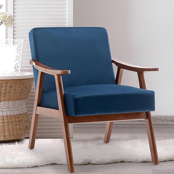 Mid Century Modern Accent Chair - Accent Arm Chair with Extra-Thick Backrest, Wingback Accent Chair with Solid Wood Frame, MCM Accent Chairs for Living Room Blue