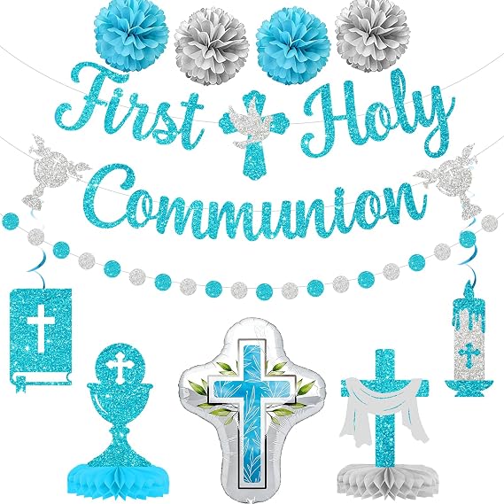 First Holy Communion Banner: First Communion Decorations for Boys Baptism Religious Cross God Bless Christening Sign Party Decorations for Christian Kids