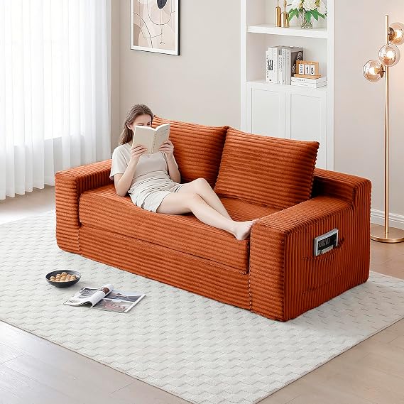 Convertible Folding Sofa Bed, Corduroy Loveseat Sleeper Couch with Foldable Mattress, Floor Lounge Couch with 2 Pockets, Comfy Fold Out Lounge Bed for Living Room, Bedroom, Guest Room, Orange