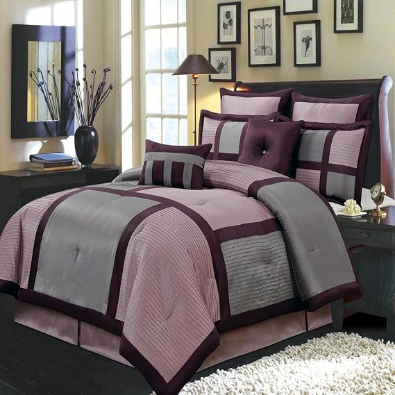 Royal Bedding Morgan Purple and Gray King Size Luxury 8 piece Comforter Set Includes Comforter, Bed Skirt, Pillow Shams, Decorative Pillows