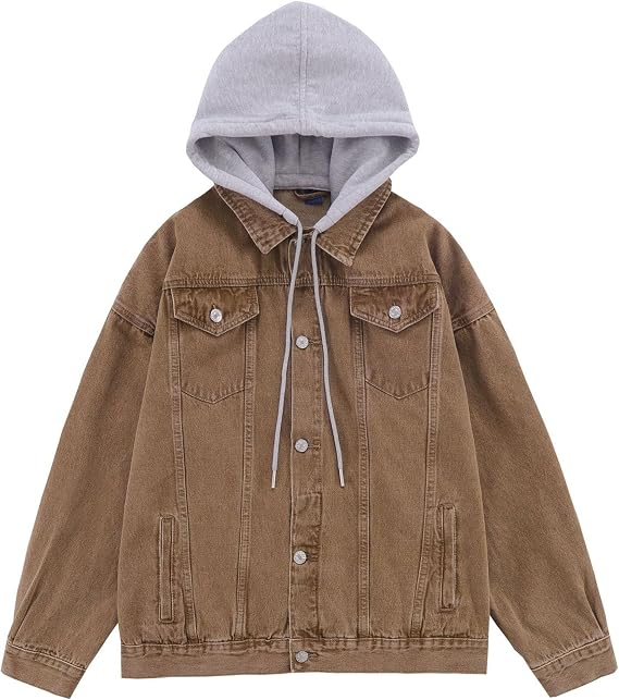 Hoodie Jean Jacket for Men Loose Casual Button Down Denim Jacket Distressed Cargo Trucker Hooded Jackets