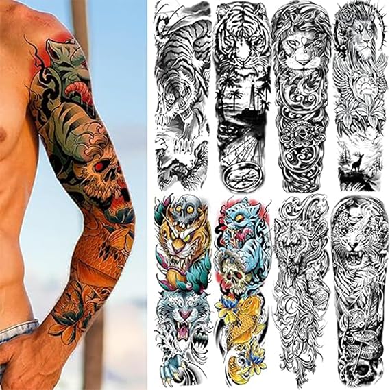 Full Arm Black Scary Temporary Tattoo Sleeve for Men 8 Sheets