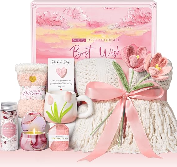 Birthday Gifts for Women Self Care Set Get Well Soon Gift Baskets, Relaxing Rose Spa Gift Basket Care Package for Women, Unique Valentines Day Gifts for Her Mom Girlfriend Sister Best Friends Wife