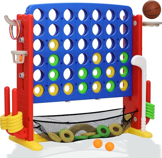 Giant 4 in A Row Game, Height Adjust Jumbo Yard Game Set for Kids & Adults with Mesh Catching Bag, Golf, Basketball Hoop & Ring Toss, 4-to-Score Connect Games for Indoor/Outdoor Fun