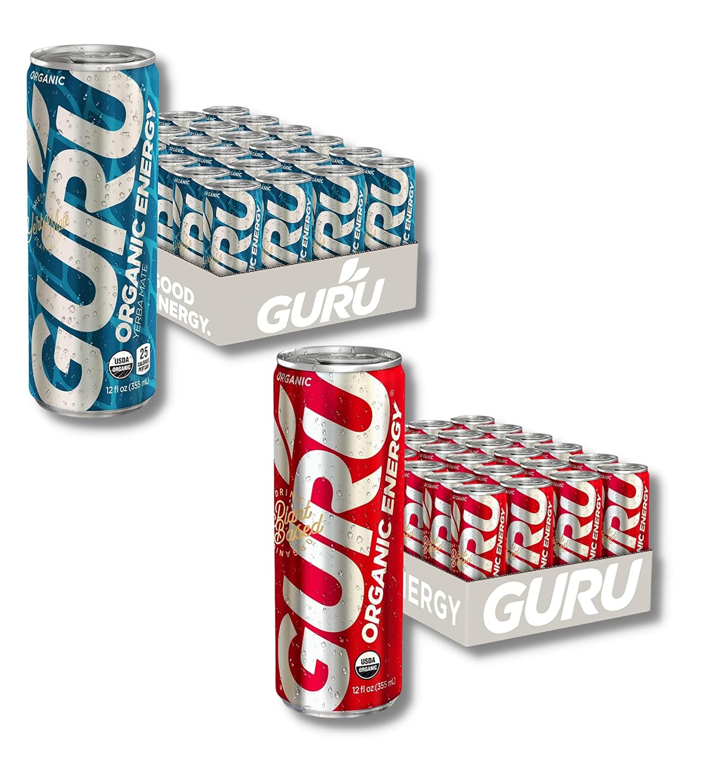 GURU Plant-Based Yerba Mate Energy Drink 12 oz-24 pack and GURU Original Plant-Based Energy Drink 8.4 oz-24 pack