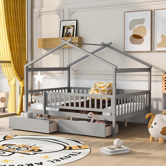 Montessori Kids Bed - Full Size Platform Bed with 2 Storage Drawers, Guardrails, Roof - Solid Wood Full Storage Bed for Girls & Boys (Full, Gray)