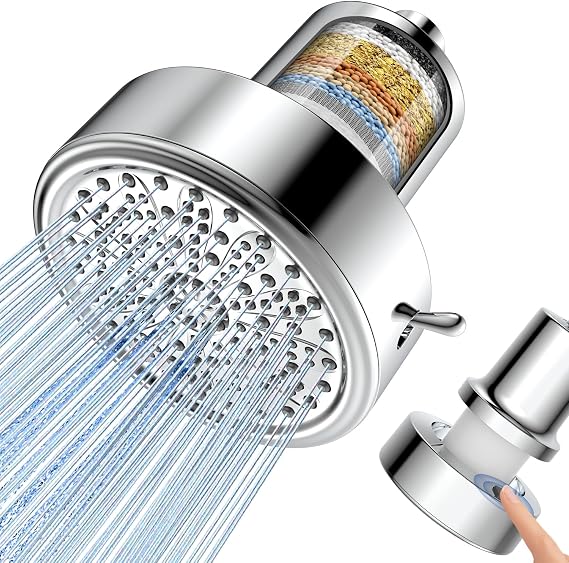 Filtered Shower Head with Filters, High Pressure 6 Spray Modes | Rain ShowerHead for Hard Water, Remove 99.99% Chlorine, Heavy Metals for Healthier Skin Hair (Chrome, 5 Inch Round)