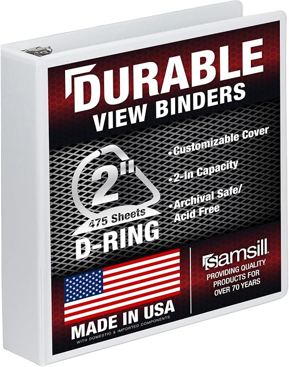 Samsill Durable 2 inch 3 Ring Binder, D Ring Binder, 100% Recycled Chipboard, White