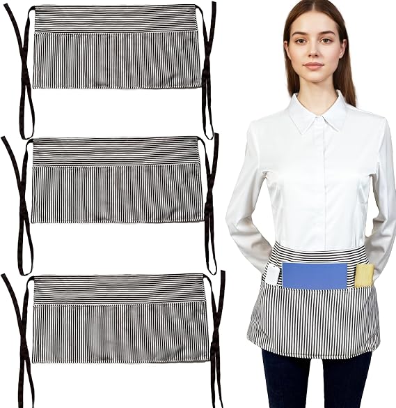 3 Pack Waist Apron with 3 Pockets, Stripes Half Apron, Waitress Apron with Pockets, Server Aprons kitchen aprons