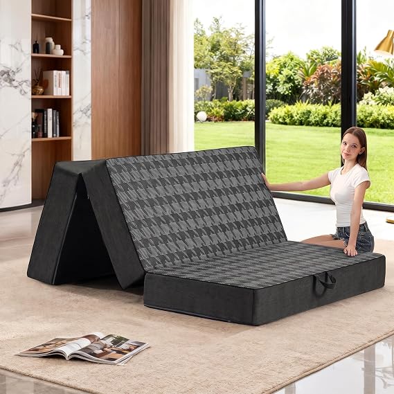 Tri Folding Mattress Full Size - 6 Inch Dual-Layer Memory Foam Foldable Mattress Portable Floor Bed Sofa with Removable Washable Cover, Handle & Non-Slip Bottom for Travel,RV,Camping,Guest,Yoga, Black