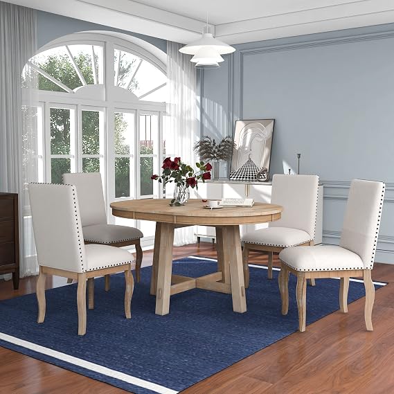Harper & Bright Designs 5-Piece Farmhouse Extendable Round Dining Table and Upholstered Chair Set With Shelf for Family Dining Area