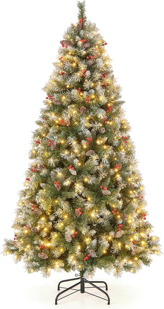 Goplus 6.5ft Pre-Lit Christmas Tree, Artificial Hinged Xmas Tree with 420 Warm-White LED Lights, 8 Lighting Modes, 909 Branch Tips, Red Berries & Pinecones, for Holiday Party Office Home Decor
